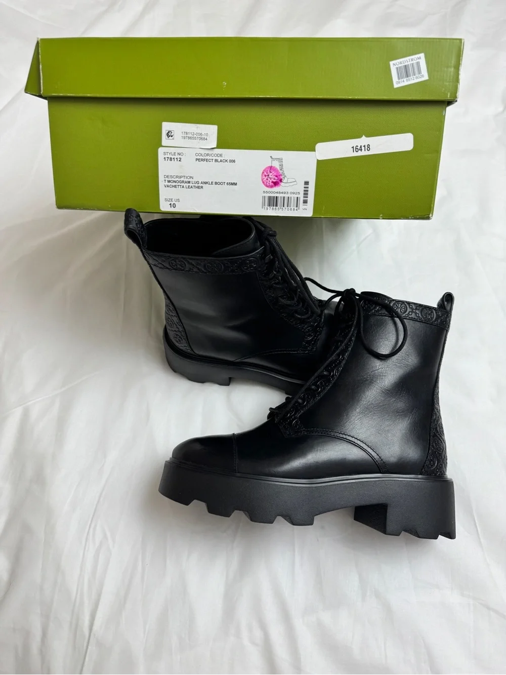 Tory Burch Chunky Black Lug Sole Combat Boots Leather Platform Ankle Boots US 10